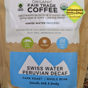 Organic Fair Trade Coffee sourced from Peru and roasted for the Velasquez Family, Certified Organic by the MCIA, Fair Trade Certified. Swiss Water Peruvian Decaf Dark Roast Smooth Bold and Smoky