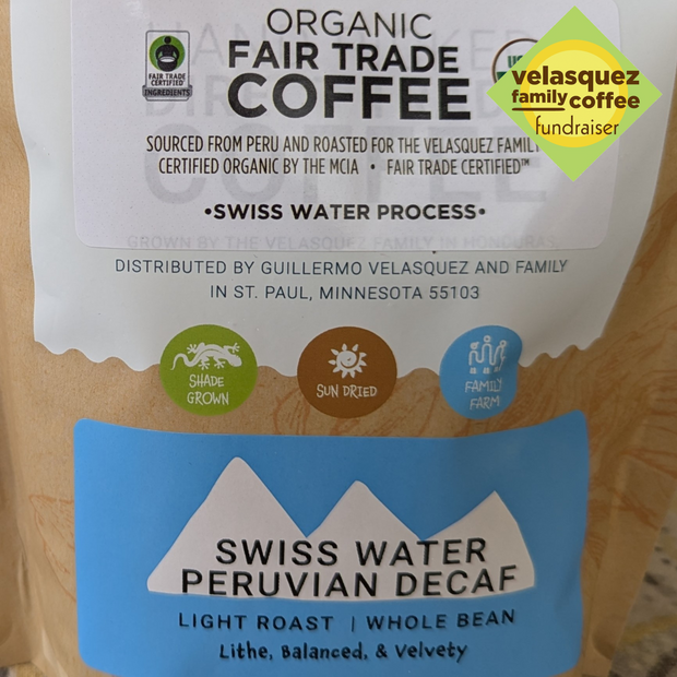 Organic Fair Trade Coffee sourced from Peru and roasted for the Velasquez Family, Certified Organic by the MCIA, Fair Trade Certified. Swiss Water Peruvian Decaf Light Roast Lithe, Balanced and Velvety